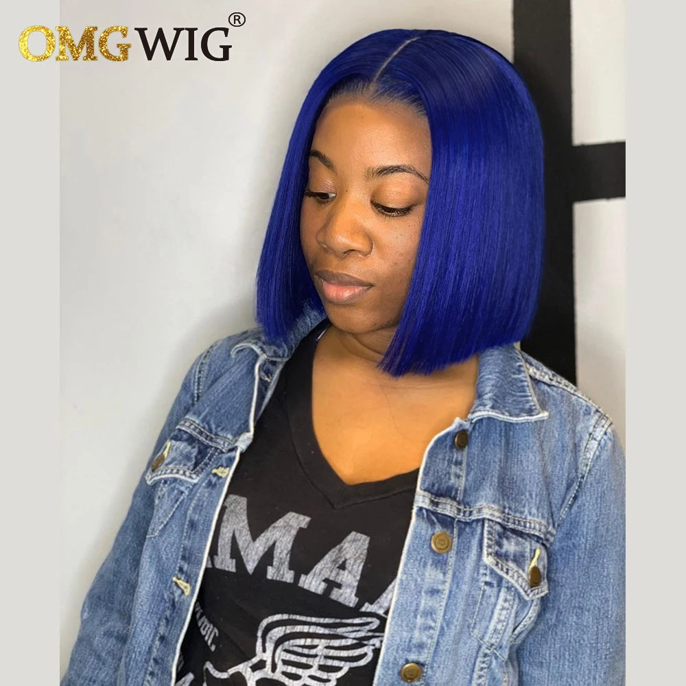 13x4 Lace Frontal Wigs Bone Straight Blue Colored 4x4 Short Bob Wig Human Hair For Black Women Pre Plucked Brazilian Remy Hair