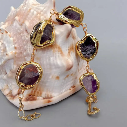 YYGEM Natural Purple Amethyst Rough Nugget With Electroplated Edge Wrap Bracelet 8"
