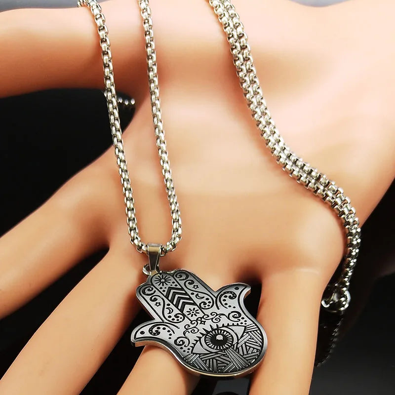 Hamsa Hand of Fatima Stainless Steel Necklaces Men Fatima´s Hand Turkish Eye Necklaces Pendants Jewelry collier homme N933S02