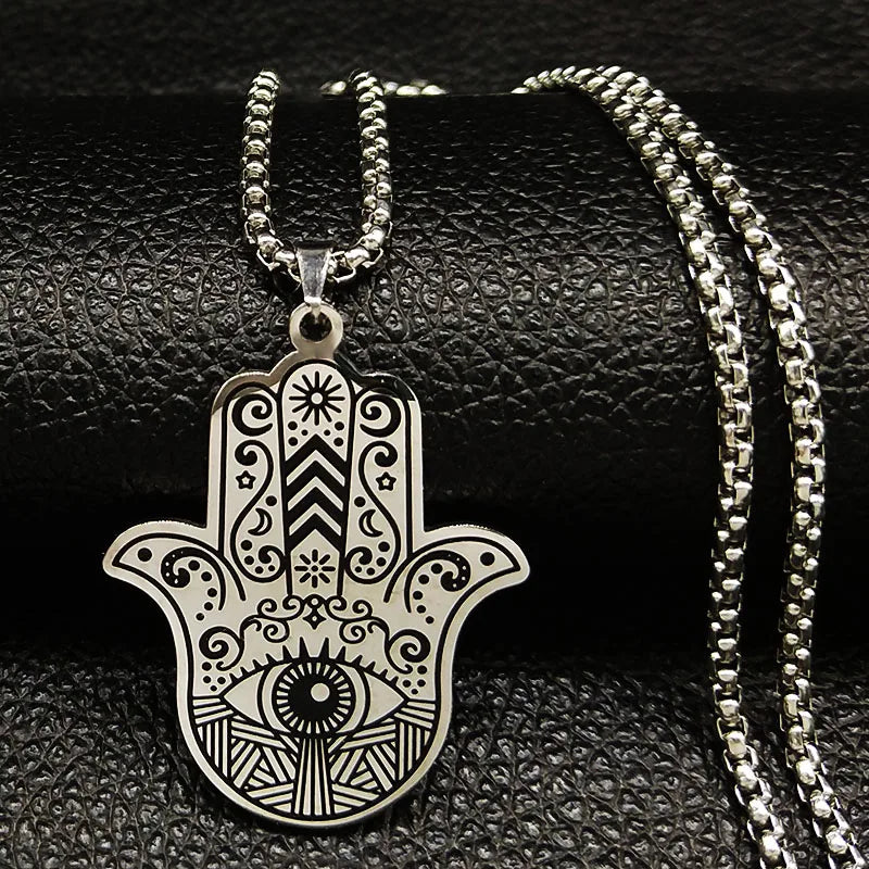 Hamsa Hand of Fatima Stainless Steel Necklaces Men Fatima´s Hand Turkish Eye Necklaces Pendants Jewelry collier homme N933S02