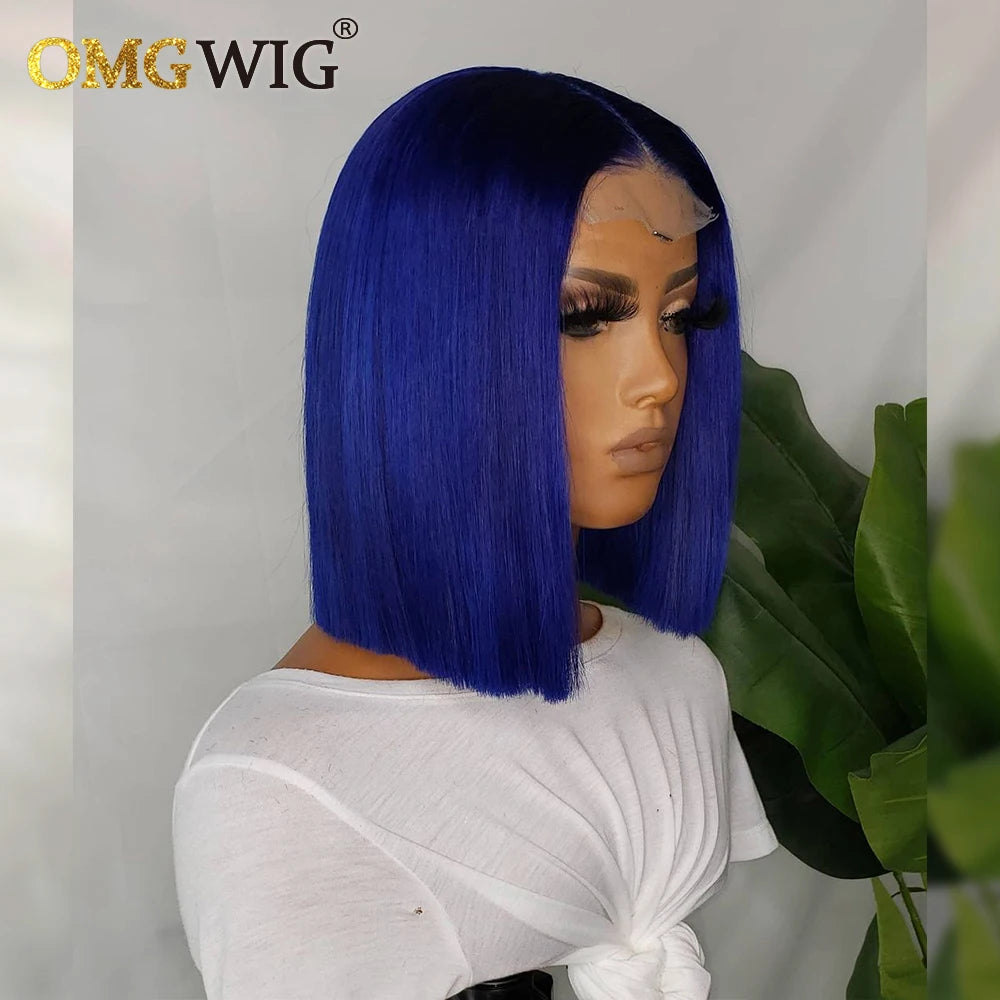 13x4 Lace Frontal Wigs Bone Straight Blue Colored 4x4 Short Bob Wig Human Hair For Black Women Pre Plucked Brazilian Remy Hair