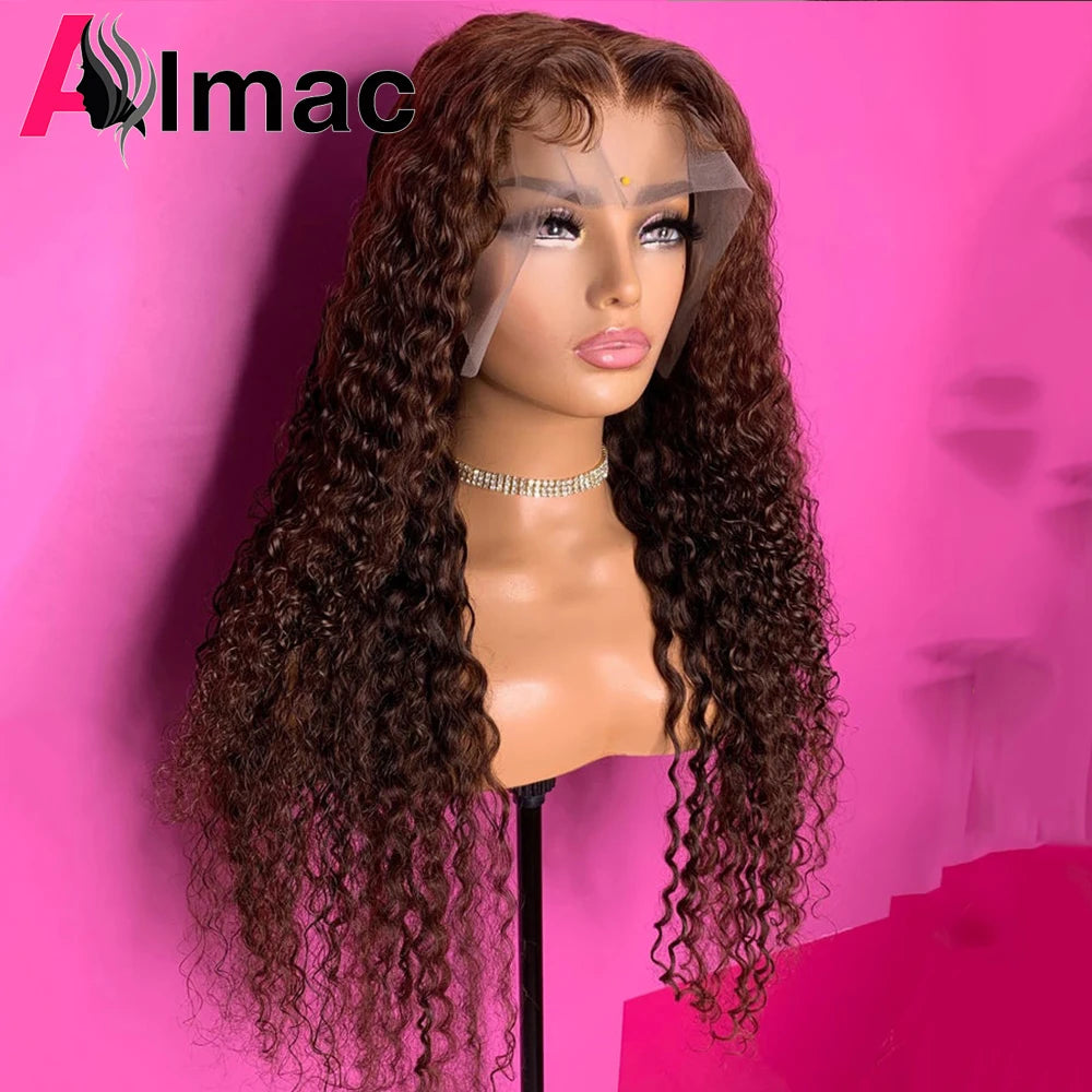 13x4 Chocolate Brown Color Lace Front Human Hair Wigs Water Wave 4x4 Transparent Lace Closure Wig Raw Indian Hair Pre-Plucked