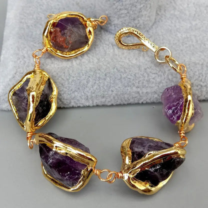 YYGEM Natural Purple Amethyst Rough Nugget With Electroplated Edge Wrap Bracelet 8"