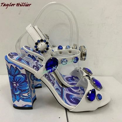 New Summer Gemstone Thick Heel Printed Beach Sandals Women'S Retro Rhinestone Crystal Open Toe Fashion Banquet Dress Sandals 43