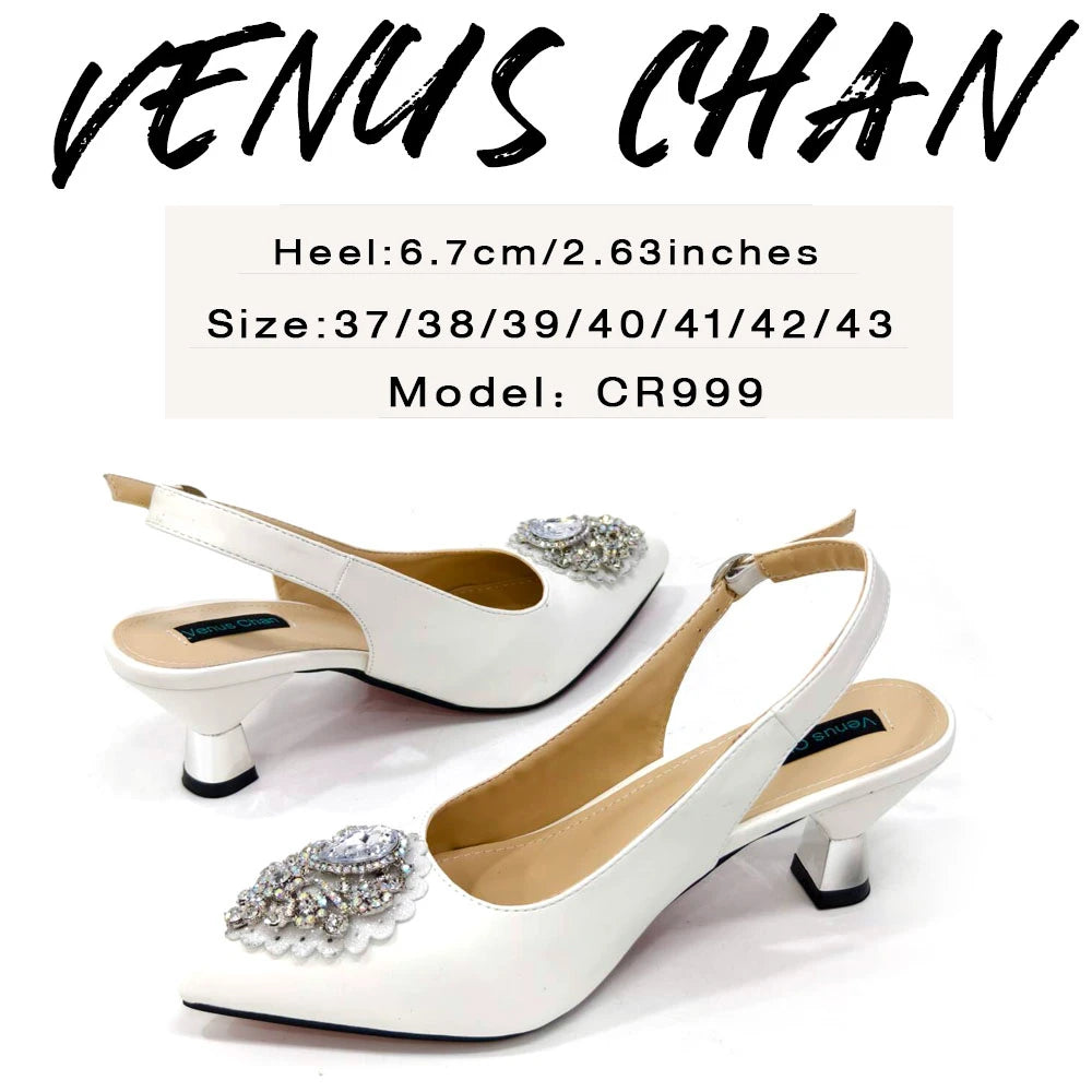 Venus Chan Latest Wedding Pointed Toe Women's Shoes High Heel White Color Rhinestones Party Ladies Shoes And Bag Set