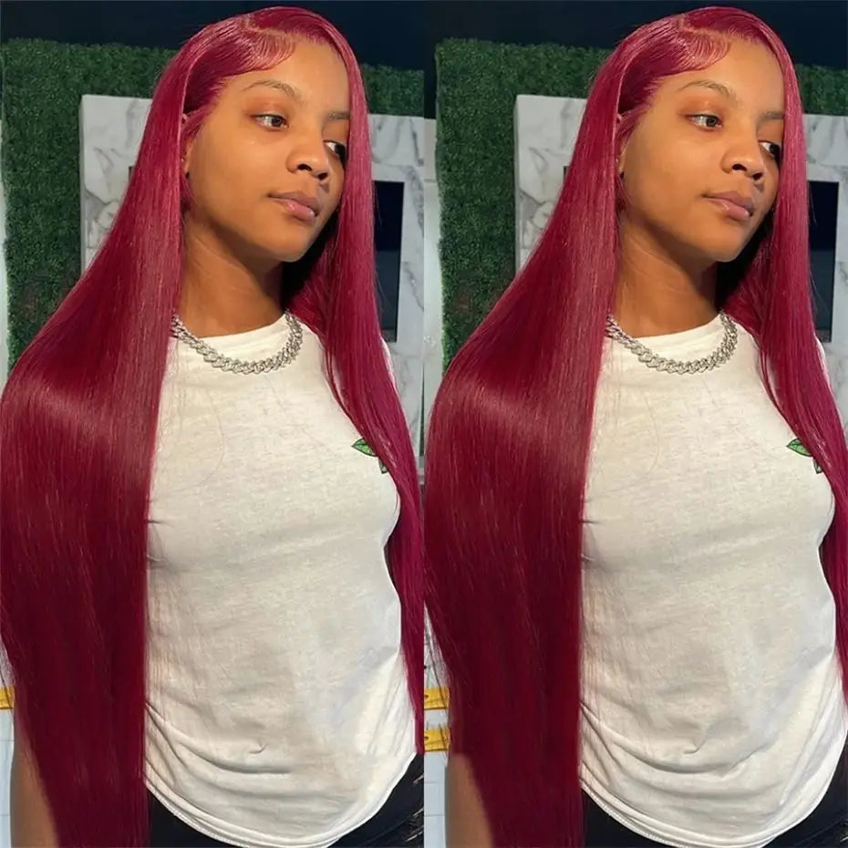 180 Density 99J Burgundy 13X6 HD Straight Lace Front Human Hair Wigs 30 32 Inch Red Colored Frontal Wig for Women Lace Frontal