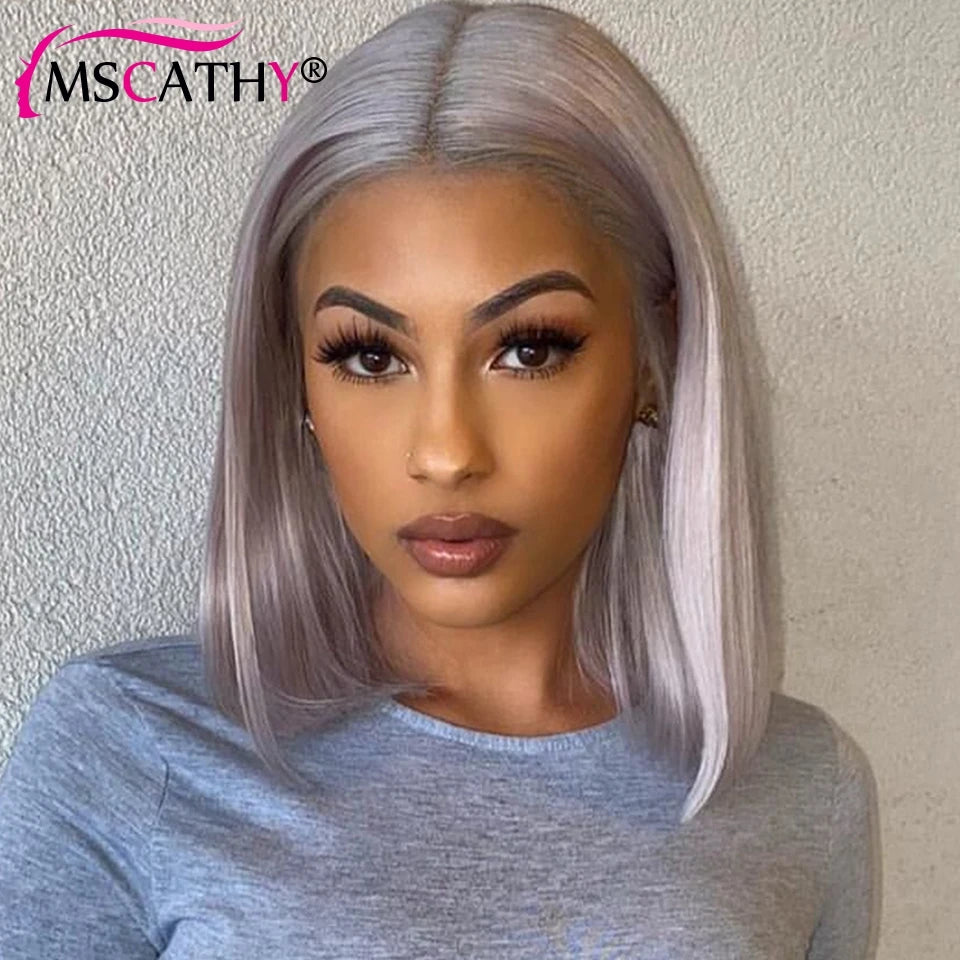 13x4 Silver Grey Short Bob Wig with Baby Hairline Brazilian Virgin Human Hair HD Lace Frontal Wigs for Women Preplucked 150%