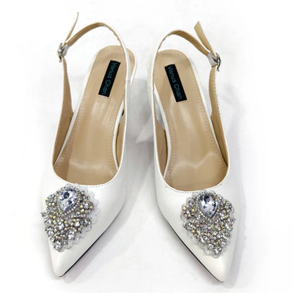 Venus Chan Latest Wedding Pointed Toe Women's Shoes High Heel White Color Rhinestones Party Ladies Shoes And Bag Set