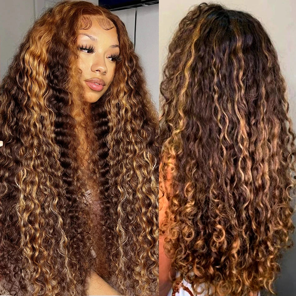 13x6 Hd Lace Highlight Wig Human Hair Wigs Glueless Curly Colored Honey Blonde Brazilian Water Wave 13x4 Deep Wave Frontal Wig