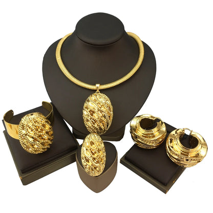 Italian Gold Plated Jewelry Set for Women Big Size Necklace Earrings Bracelet Ring 4Pcs Bridal Wedding Party Gifts FHK18986