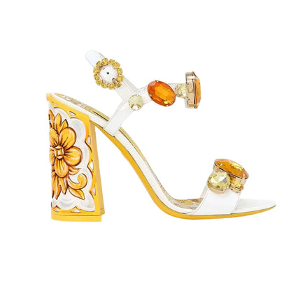 New Summer Gemstone Thick Heel Printed Beach Sandals Women'S Retro Rhinestone Crystal Open Toe Fashion Banquet Dress Sandals 43