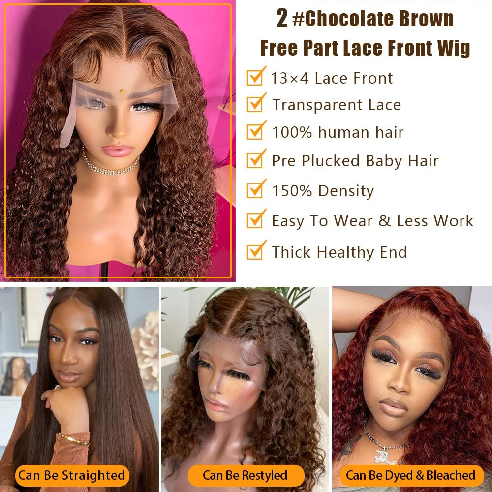 13x4 Chocolate Brown Color Lace Front Human Hair Wigs Water Wave 4x4 Transparent Lace Closure Wig Raw Indian Hair Pre-Plucked