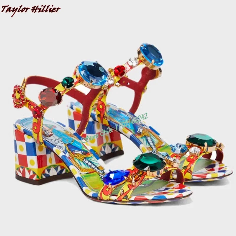 New Summer Gemstone Thick Heel Printed Beach Sandals Women'S Retro Rhinestone Crystal Open Toe Fashion Banquet Dress Sandals 43