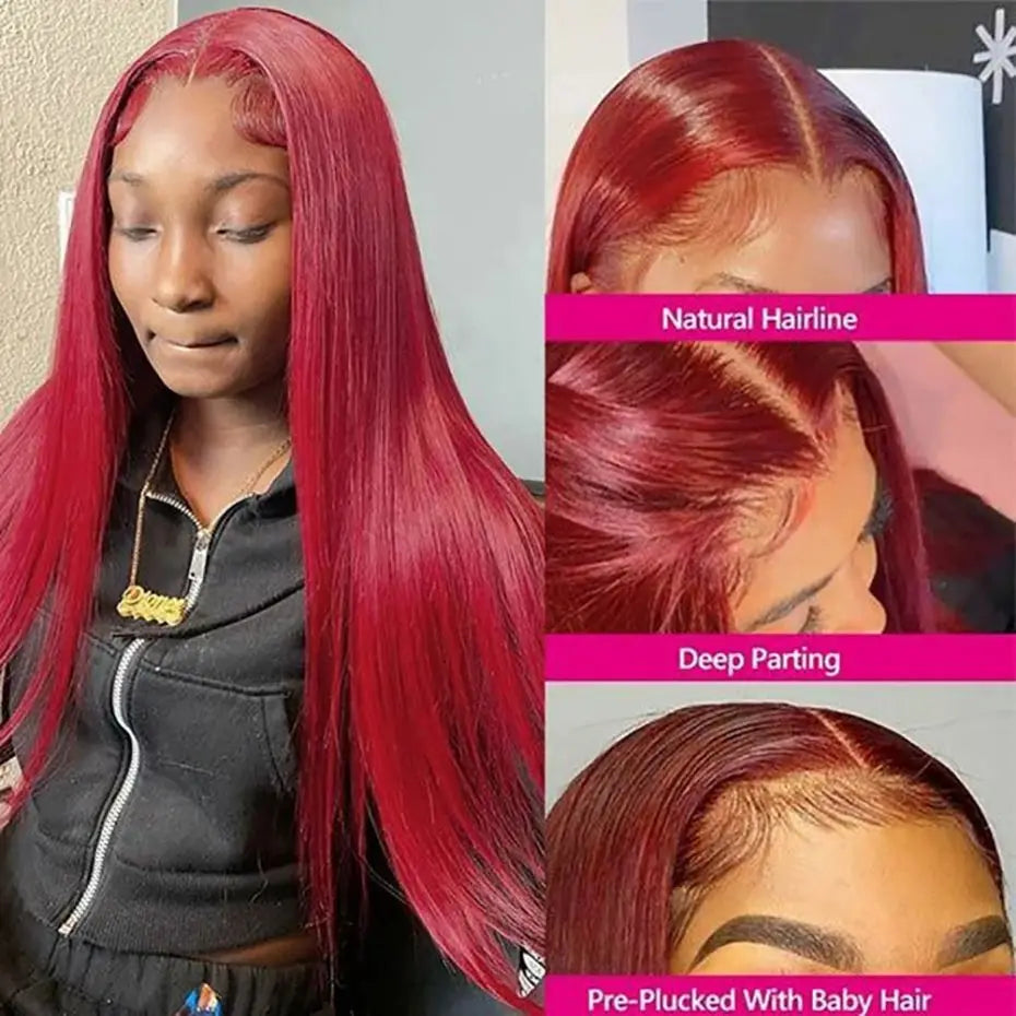 180 Density 99J Burgundy 13X6 HD Straight Lace Front Human Hair Wigs 30 32 Inch Red Colored Frontal Wig for Women Lace Frontal