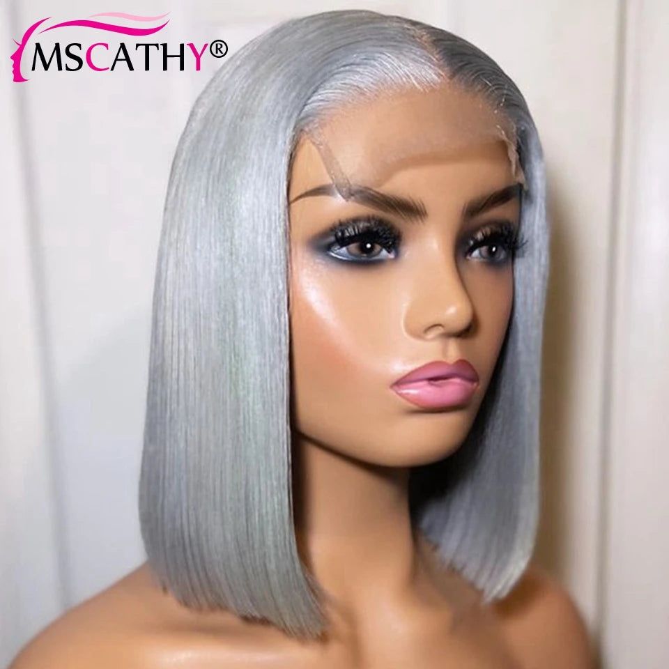 13x4 Silver Grey Short Bob Wig with Baby Hairline Brazilian Virgin Human Hair HD Lace Frontal Wigs for Women Preplucked 150%