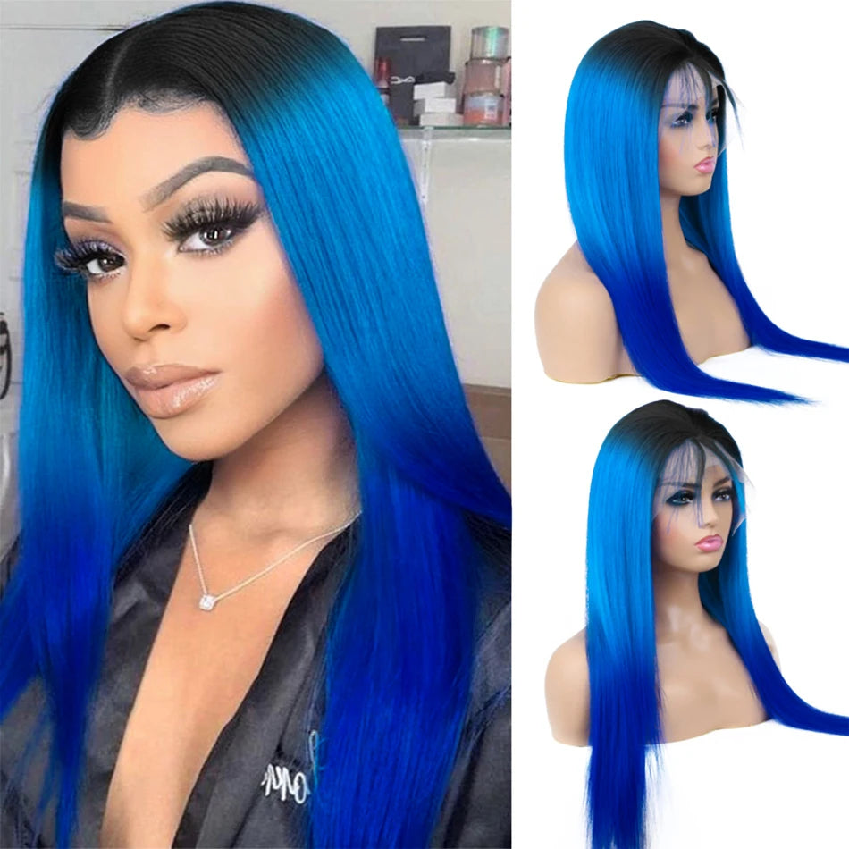 13x4 Lace Front Wig Ombre Blue Color Straight Human Hair Transparent Lace Frontal Human Hair Wigs Pre Plucked For Women