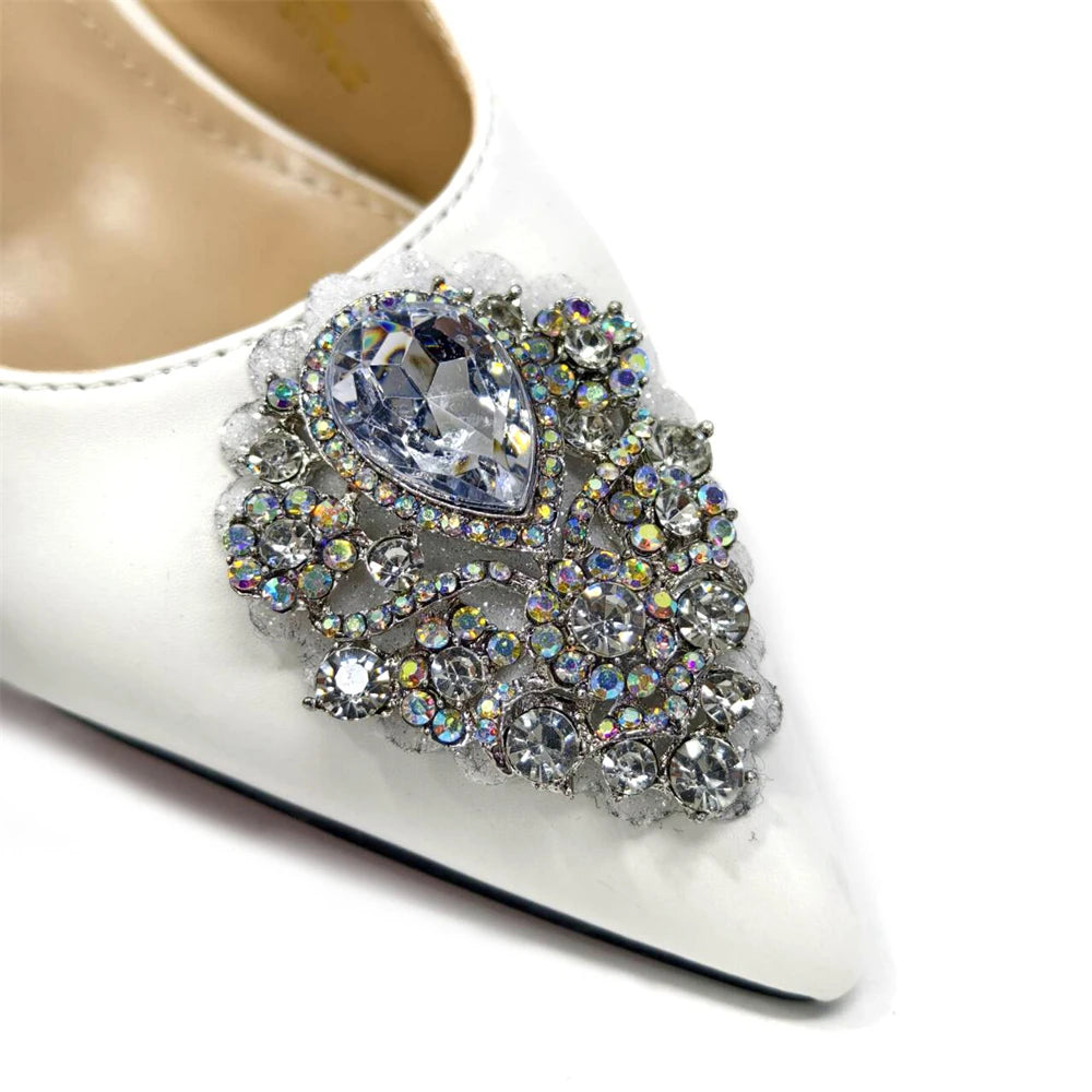 Venus Chan Latest Wedding Pointed Toe Women's Shoes High Heel White Color Rhinestones Party Ladies Shoes And Bag Set