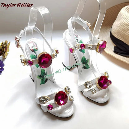 New Summer Gemstone Thick Heel Printed Beach Sandals Women'S Retro Rhinestone Crystal Open Toe Fashion Banquet Dress Sandals 43