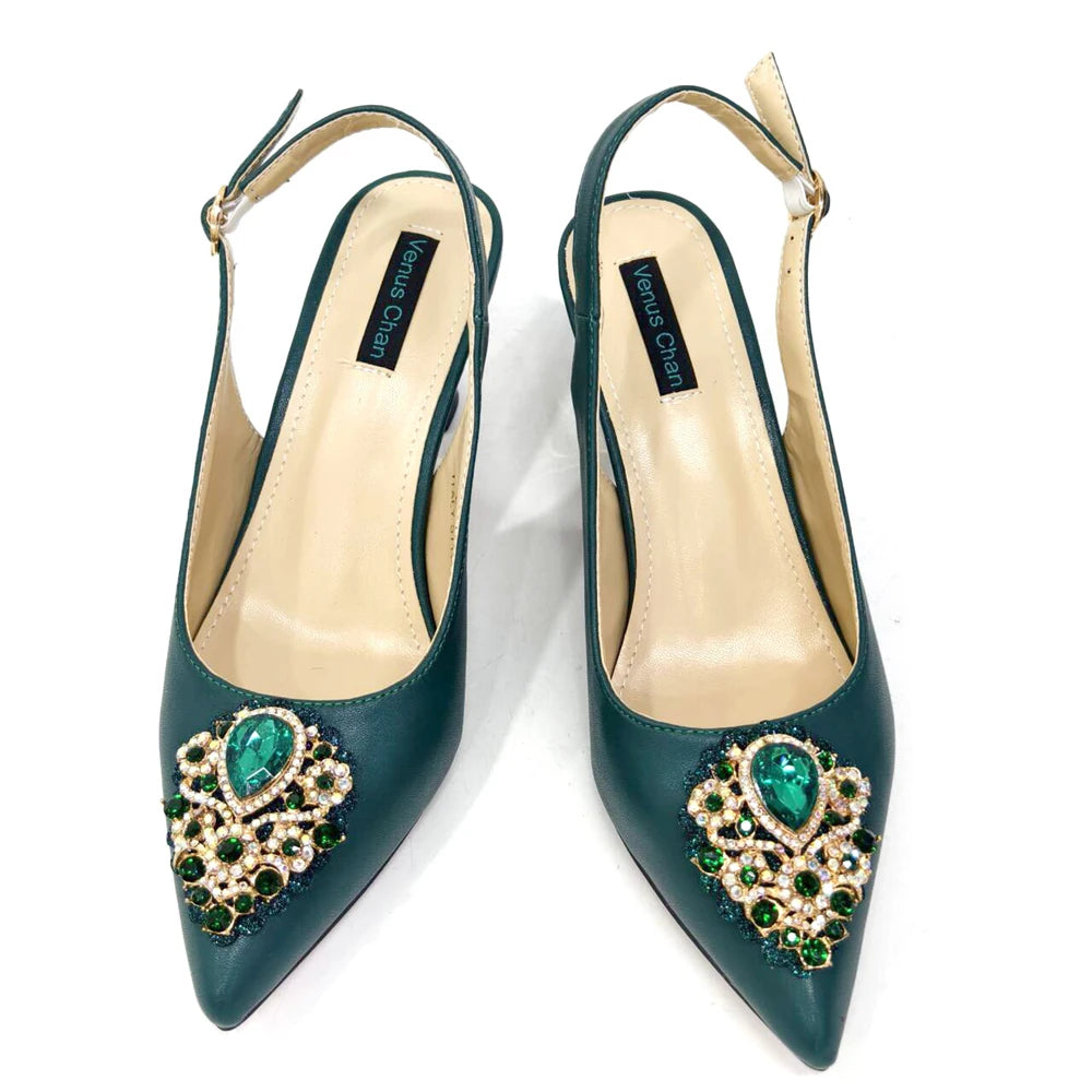 Venus Chan Latest Wedding Pointed Toe Women's Shoes High Heel White Color Rhinestones Party Ladies Shoes And Bag Set