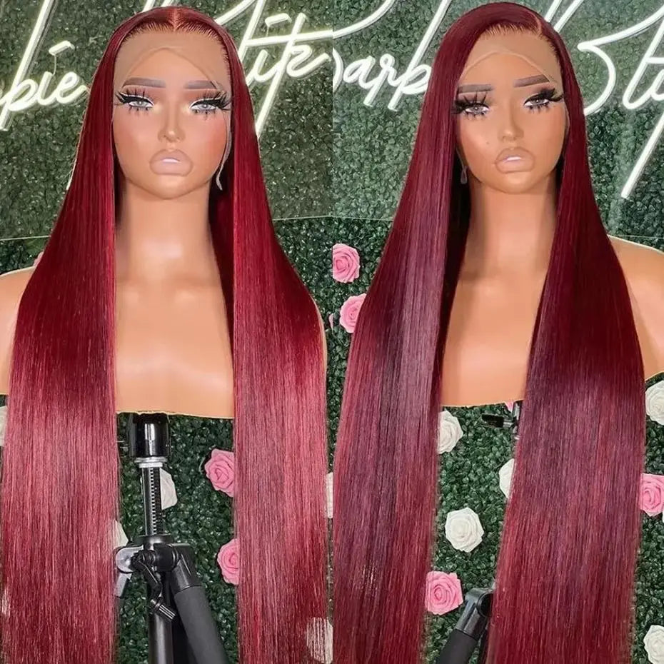 180 Density 99J Burgundy 13X6 HD Straight Lace Front Human Hair Wigs 30 32 Inch Red Colored Frontal Wig for Women Lace Frontal