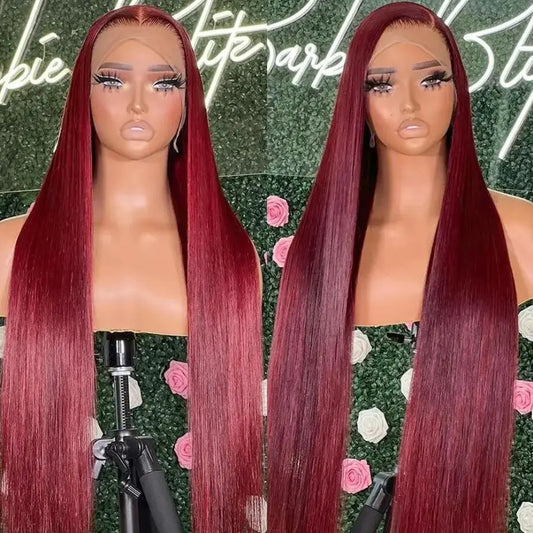 180 Density 99J Burgundy 13X6 HD Straight Lace Front Human Hair Wigs 30 32 Inch Red Colored Frontal Wig for Women Lace Frontal