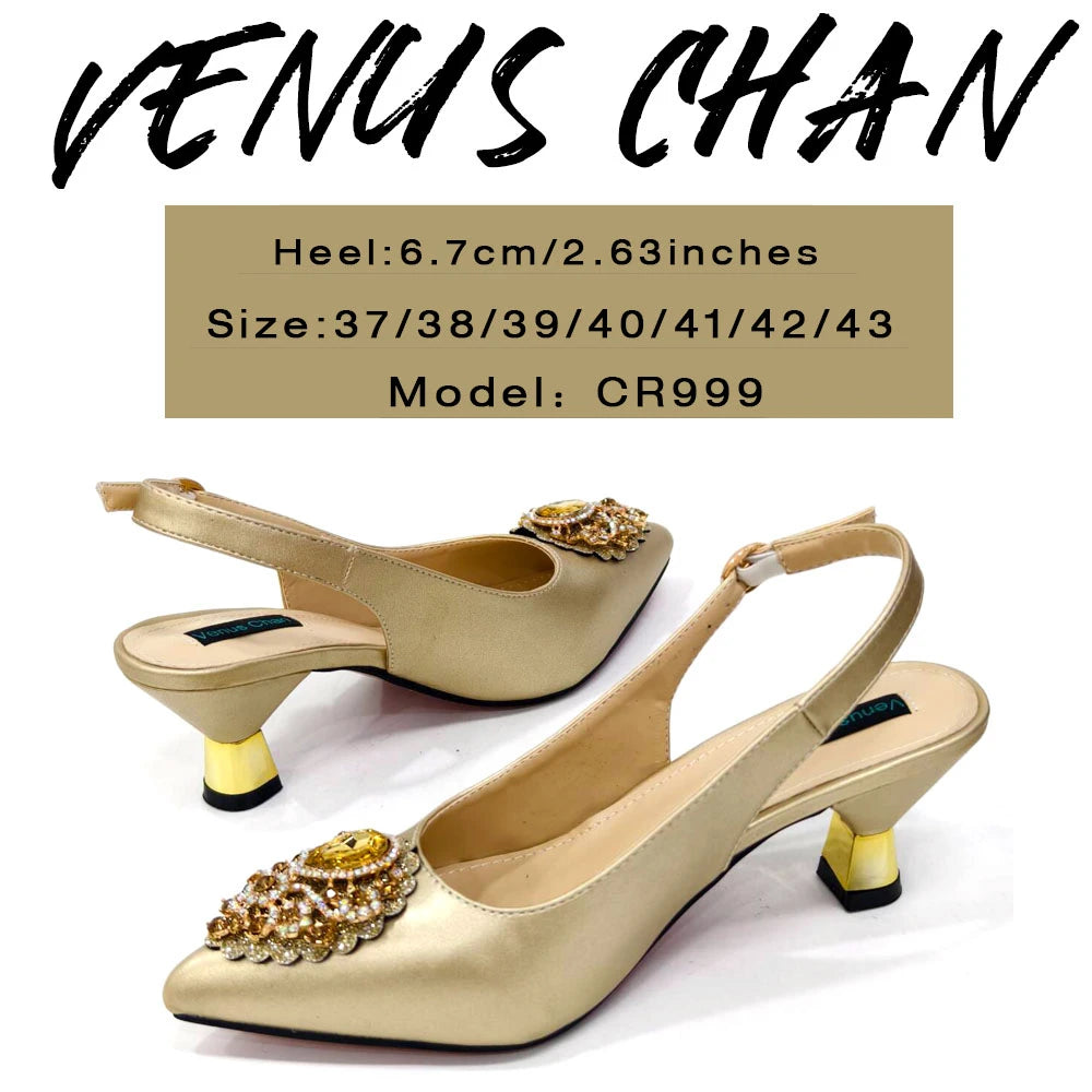 Venus Chan Latest Wedding Pointed Toe Women's Shoes High Heel White Color Rhinestones Party Ladies Shoes And Bag Set