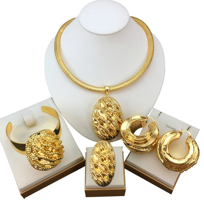 Italian Gold Plated Jewelry Set for Women Big Size Necklace Earrings Bracelet Ring 4Pcs Bridal Wedding Party Gifts FHK18986