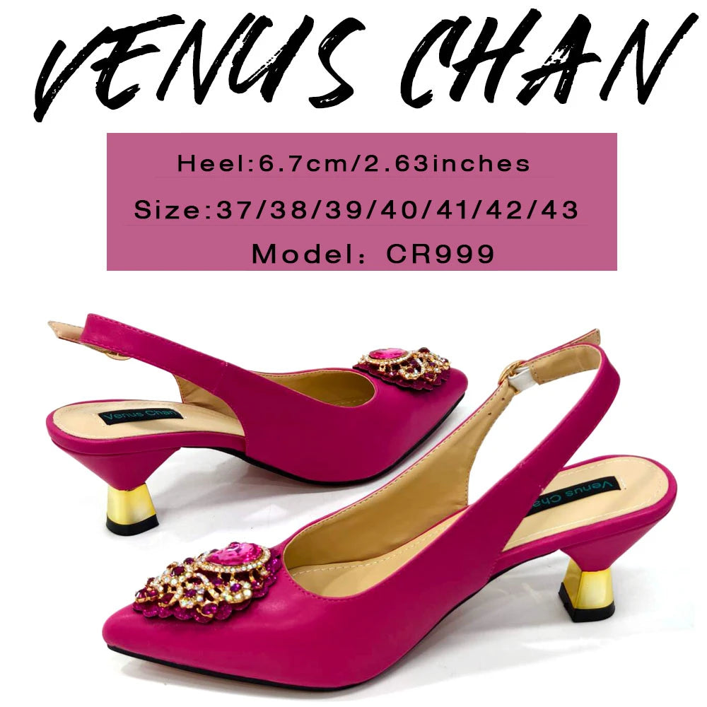 Venus Chan Latest Wedding Pointed Toe Women's Shoes High Heel White Color Rhinestones Party Ladies Shoes And Bag Set