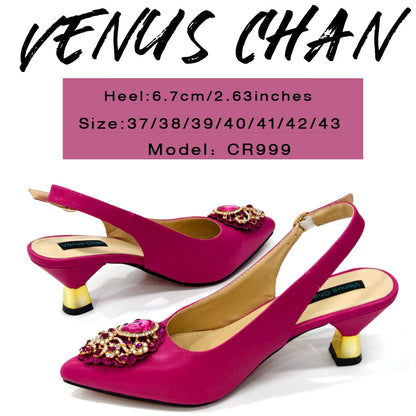 Venus Chan Latest Wedding Pointed Toe Women's Shoes High Heel White Color Rhinestones Party Ladies Shoes And Bag Set