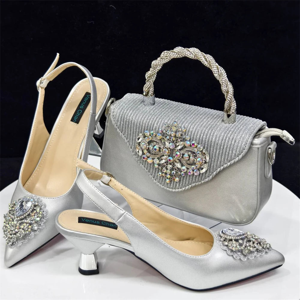 Venus Chan Latest Wedding Pointed Toe Women's Shoes High Heel White Color Rhinestones Party Ladies Shoes And Bag Set