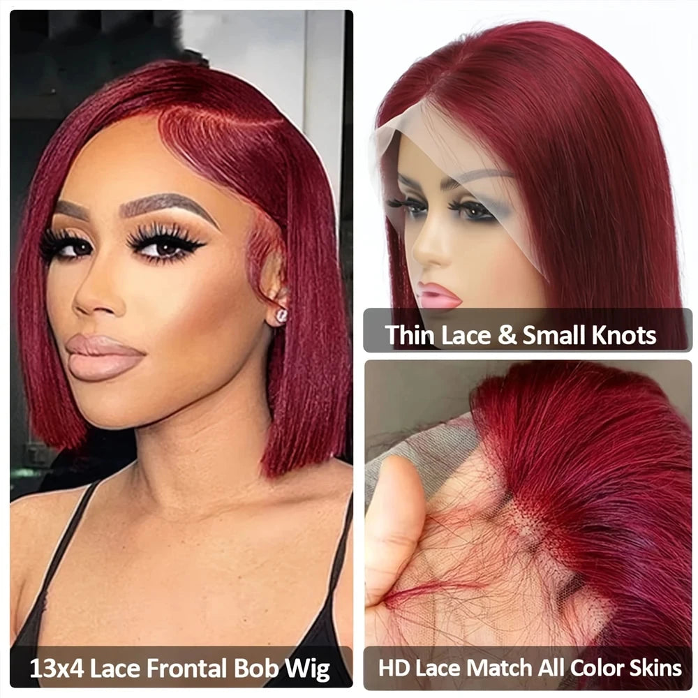 180% Density 99J Burgundy Short Bob Wig Human Hair 13X4 Lace Frontal Wigs For Women Natural Color Lace Front Bob Wig Pre Plucked