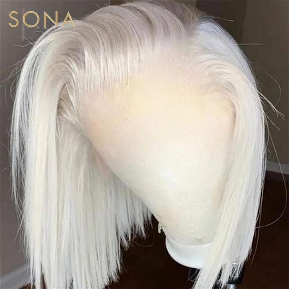 13x4 #60 Color White Platinum Ash Blonde Bob Lace Front Wig Human Hair Pre Plucked Brazilian Remy Straight Lace Frontal Wig