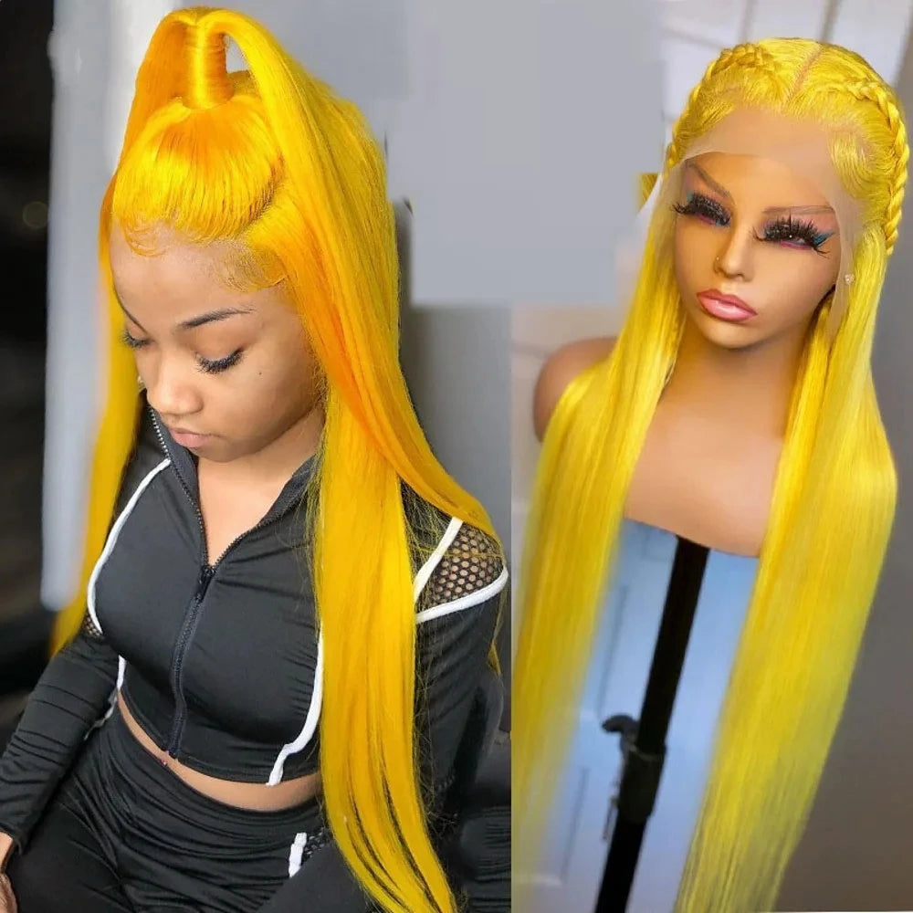 180Density Glueless 26'' Yellow Silky Straight Lace Front Wig For Black Women Babyhair Heat Resistant Preplucked SyntheticDaily