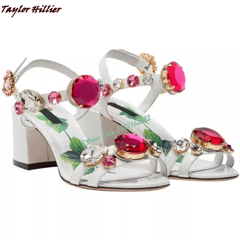 New Summer Gemstone Thick Heel Printed Beach Sandals Women'S Retro Rhinestone Crystal Open Toe Fashion Banquet Dress Sandals 43