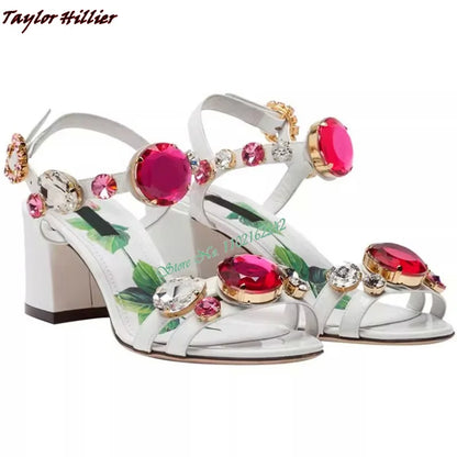 New Summer Gemstone Thick Heel Printed Beach Sandals Women'S Retro Rhinestone Crystal Open Toe Fashion Banquet Dress Sandals 43