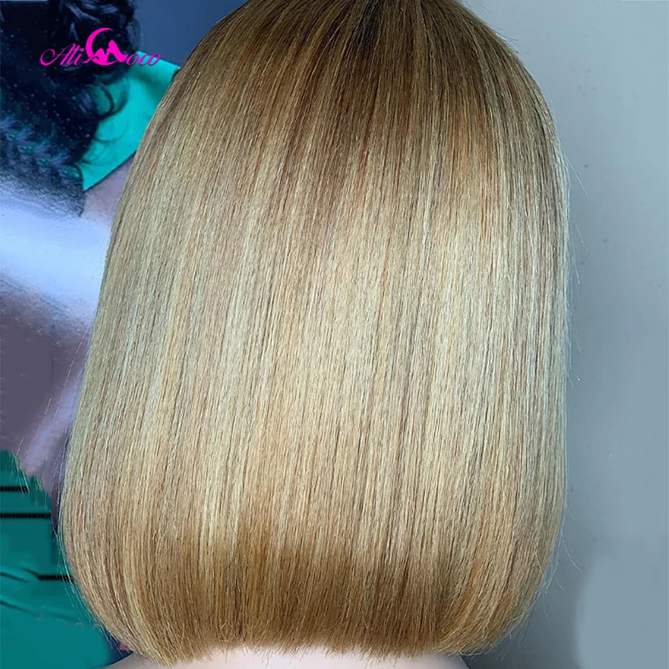 180 Density #27 Honey Blonde Straight Bob Human Hair With Bang Brazilian Remy Hair Short Bob Wig For Woman Full Machine Made