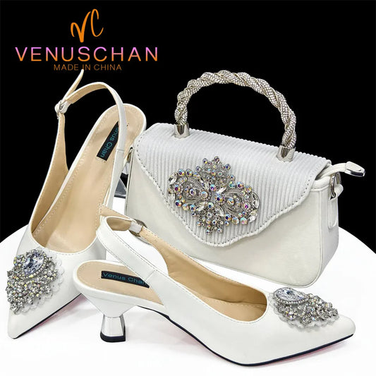 Venus Chan Latest Wedding Pointed Toe Women's Shoes High Heel White Color Rhinestones Party Ladies Shoes And Bag Set