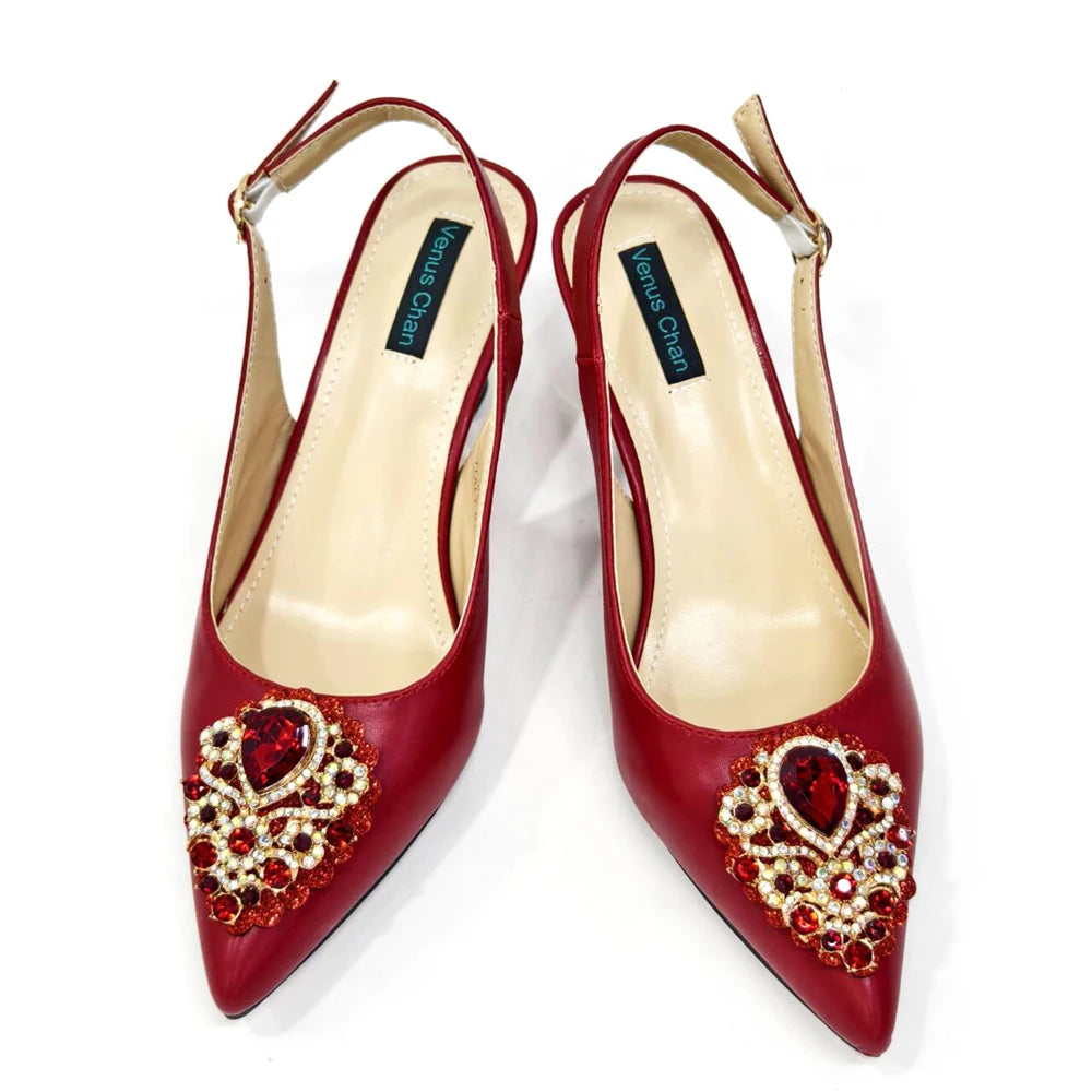 Venus Chan Latest Wedding Pointed Toe Women's Shoes High Heel White Color Rhinestones Party Ladies Shoes And Bag Set