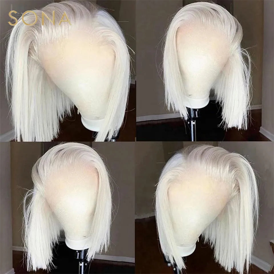 13x4 #60 Color White Platinum Ash Blonde Bob Lace Front Wig Human Hair Pre Plucked Brazilian Remy Straight Lace Frontal Wig