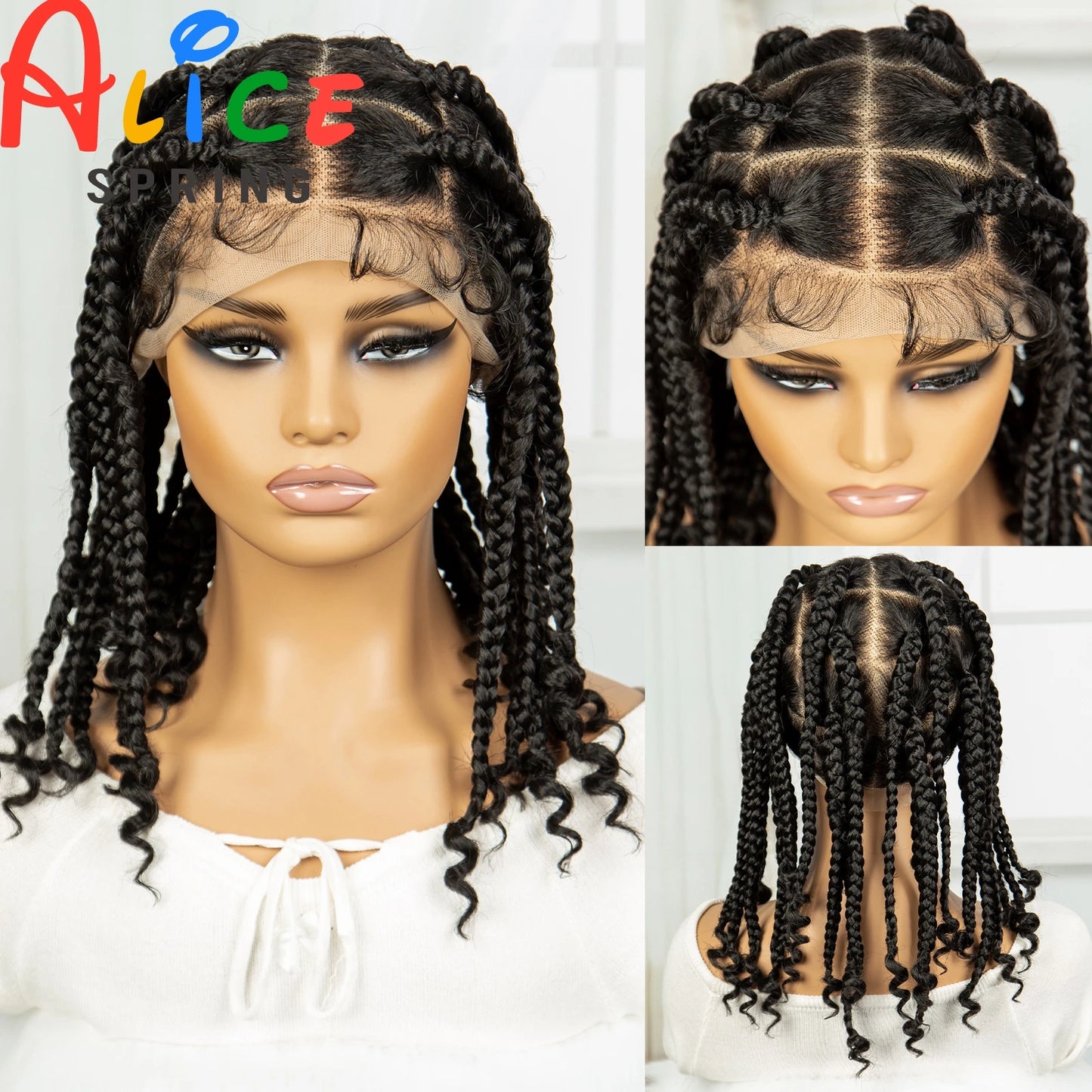 14 Iinch Short Braided Wigs with Curly Ends Synthetic Full Lace Braided Wigs for Black Women Knotless Box Braiding Hair Wig