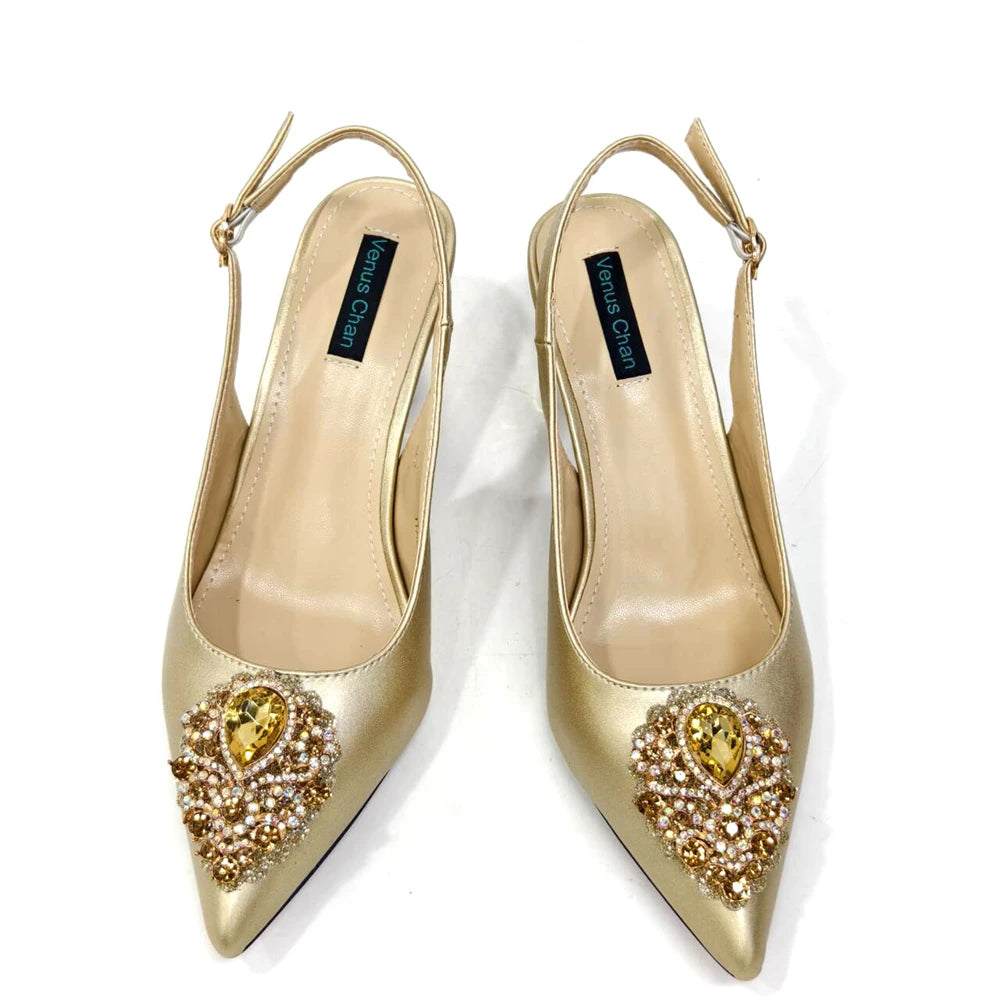 Venus Chan Latest Wedding Pointed Toe Women's Shoes High Heel White Color Rhinestones Party Ladies Shoes And Bag Set