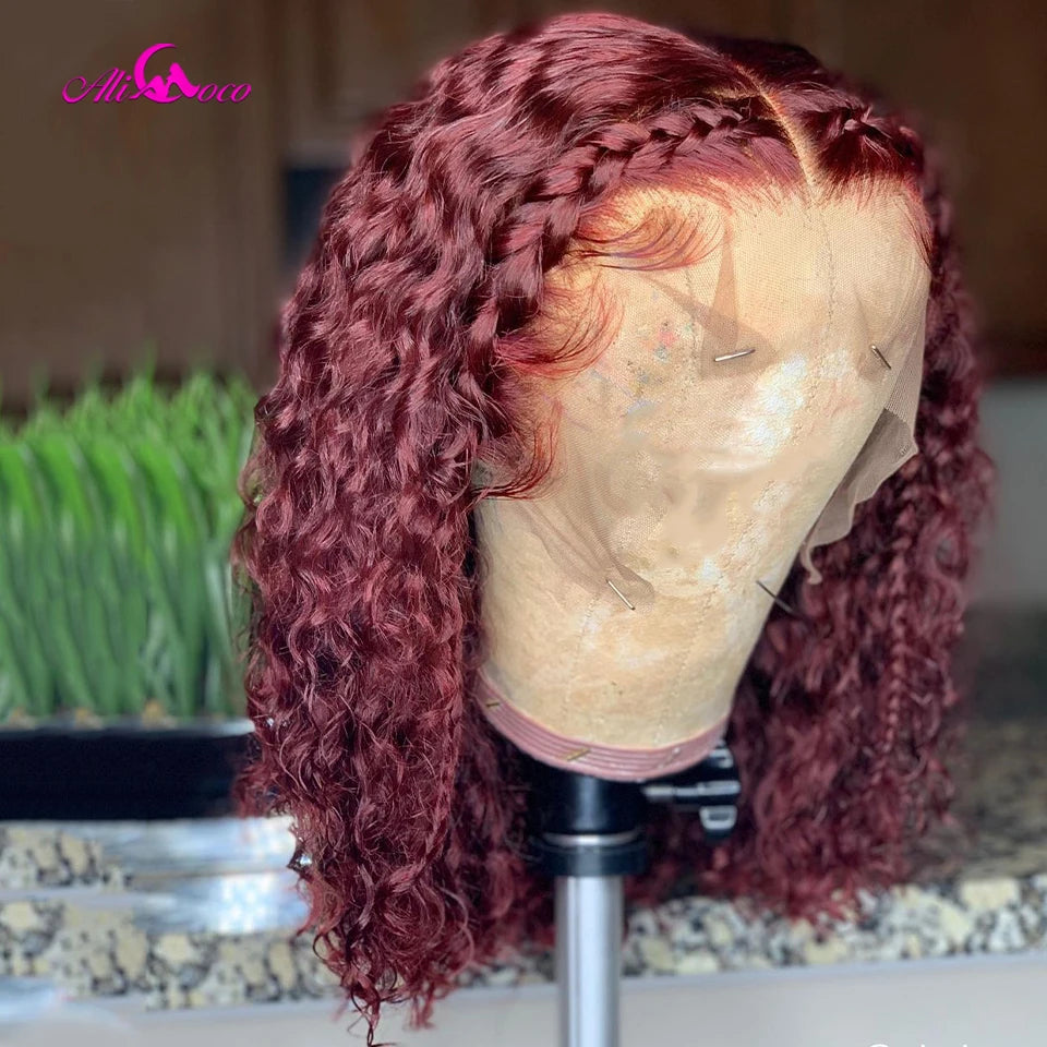 180% Density 99J Lace Front Wigs Human Hair Wine Red Bob Wig For Woman 13x4 Lace Frontal Wigs Short Curly Bob Wig With Baby Hair