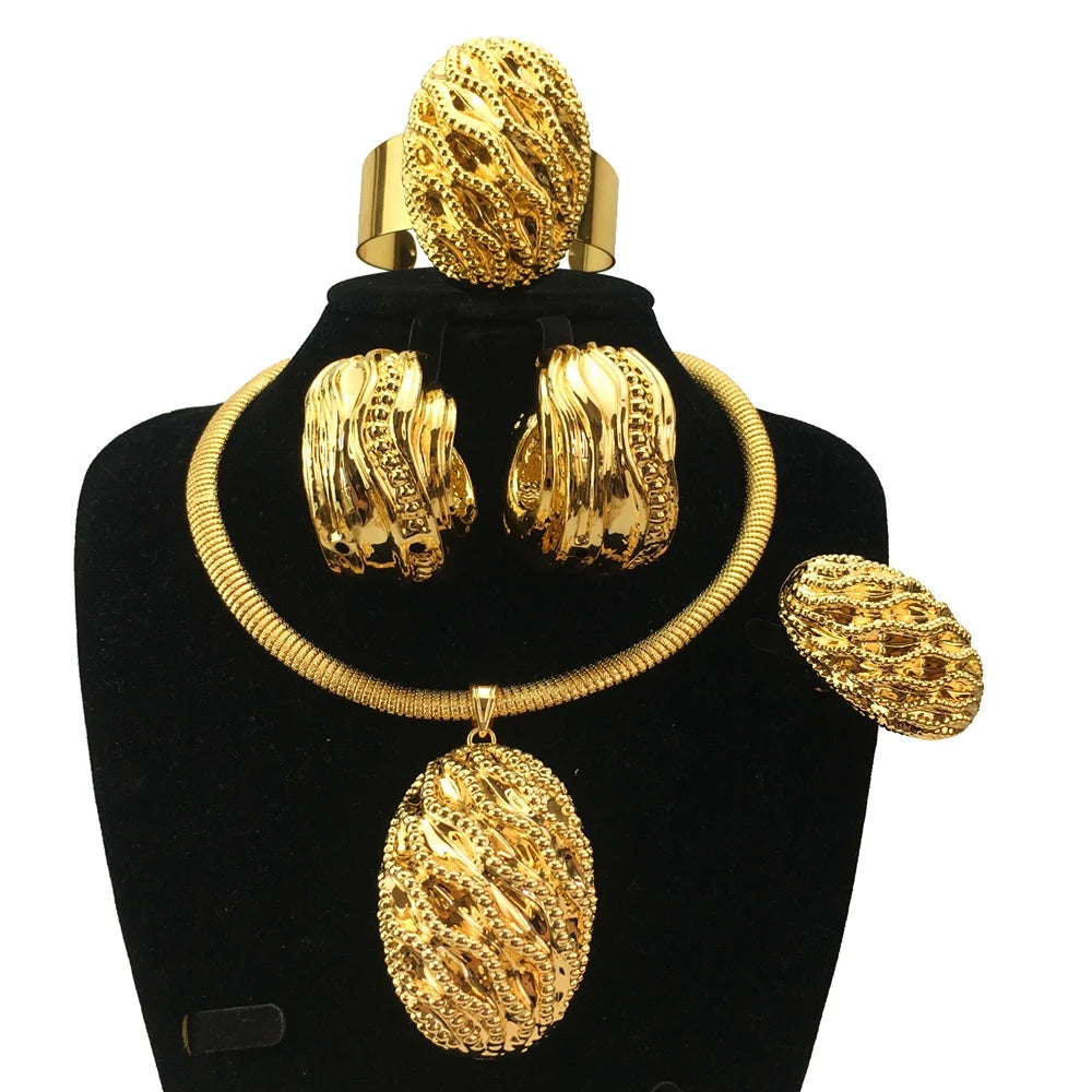 Italian Gold Plated Jewelry Set for Women Big Size Necklace Earrings Bracelet Ring 4Pcs Bridal Wedding Party Gifts FHK18986