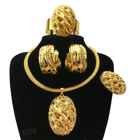 Italian Gold Plated Jewelry Set for Women Big Size Necklace Earrings Bracelet Ring 4Pcs Bridal Wedding Party Gifts FHK18986