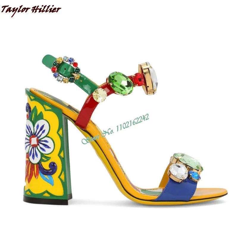 New Summer Gemstone Thick Heel Printed Beach Sandals Women'S Retro Rhinestone Crystal Open Toe Fashion Banquet Dress Sandals 43