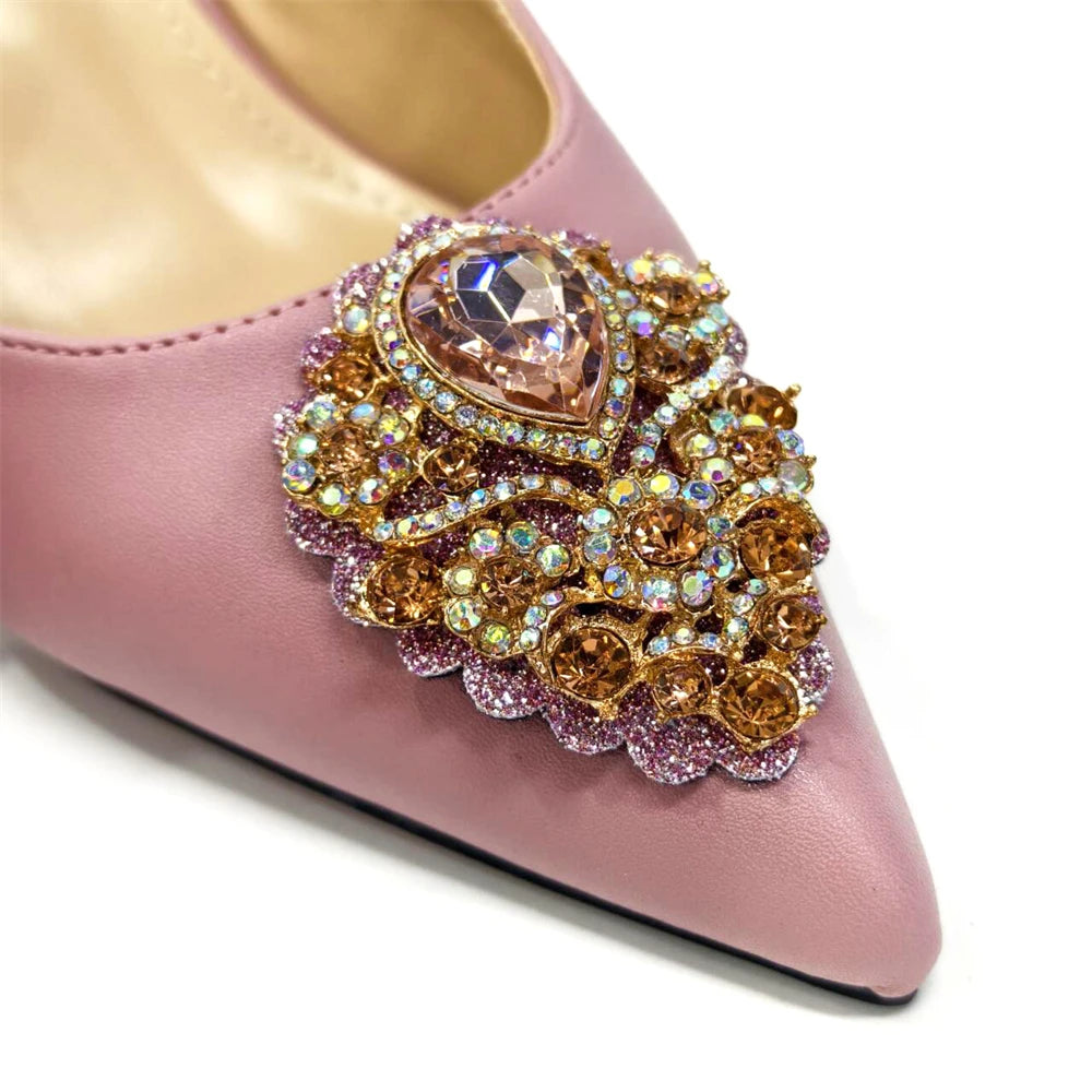 Venus Chan Latest Wedding Pointed Toe Women's Shoes High Heel White Color Rhinestones Party Ladies Shoes And Bag Set