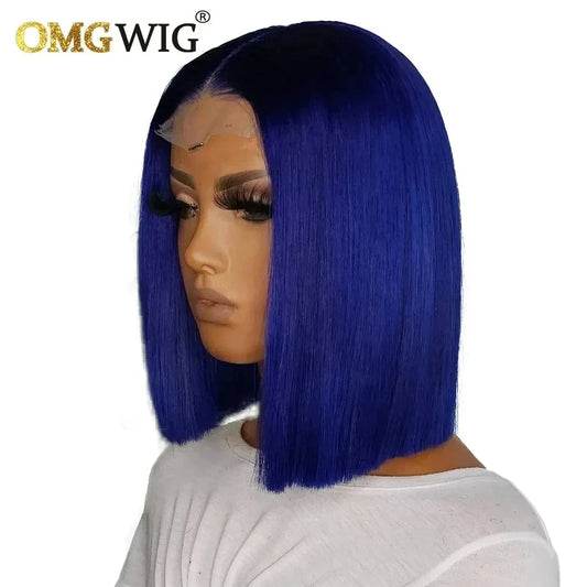 13x4 Lace Frontal Wigs Bone Straight Blue Colored 4x4 Short Bob Wig Human Hair For Black Women Pre Plucked Brazilian Remy Hair