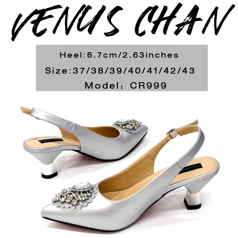 Venus Chan Latest Wedding Pointed Toe Women's Shoes High Heel White Color Rhinestones Party Ladies Shoes And Bag Set