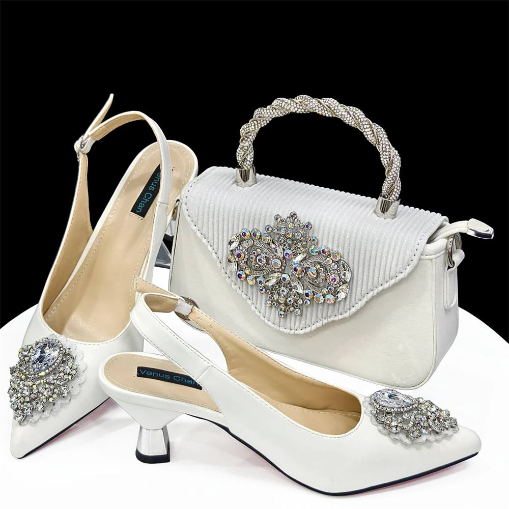Venus Chan Latest Wedding Pointed Toe Women's Shoes High Heel White Color Rhinestones Party Ladies Shoes And Bag Set