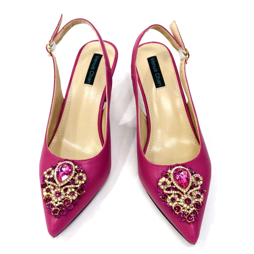 Venus Chan Latest Wedding Pointed Toe Women's Shoes High Heel White Color Rhinestones Party Ladies Shoes And Bag Set